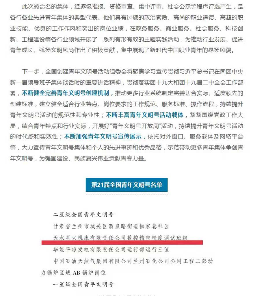 星火機(jī)床公司數(shù)控精密精度調(diào)試班組被認(rèn)定為首批“二星級(jí)全國青年文明號(hào)”